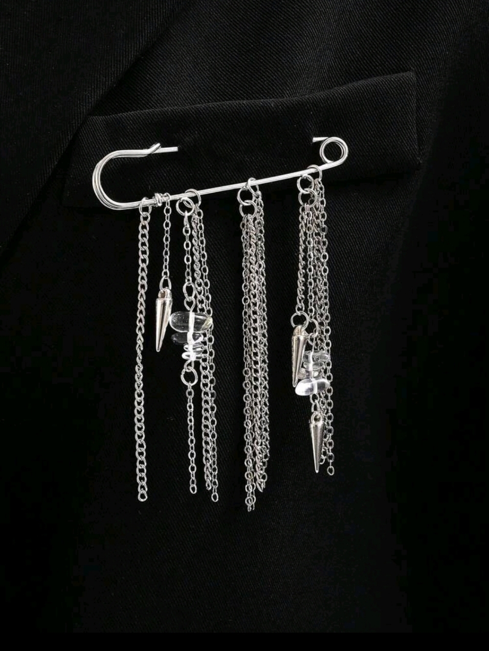 Silver Chain Fringe Safety Pin Brooch with Spike and Bead Charms - Picture 3 of 3